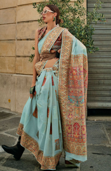 Mint Blue Kashmiri Handloom Woven Saree