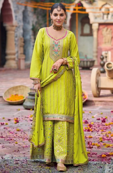 Neon Green Embroidered Chinnon Readymade Palazzo Kameez