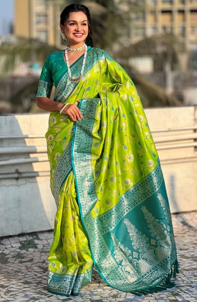 Neon Green Meenakari Weaving Banarasi Silk Saree