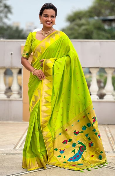 Neon Green Meenakari Weaving Paithani Silk Saree