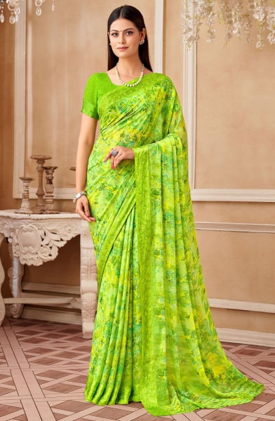 Neon Green Printed Chiffon Saree with Satin Border