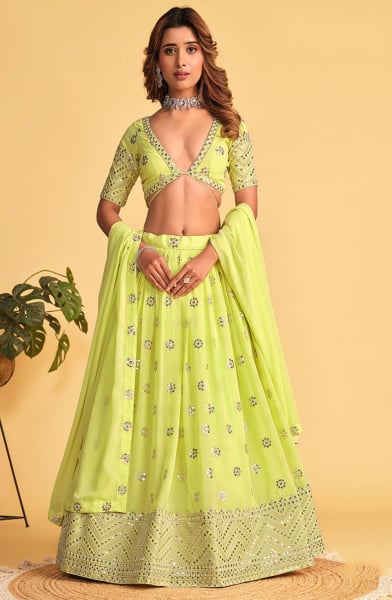 Neon Green Sequins Embroidered Lehenga Choli Set