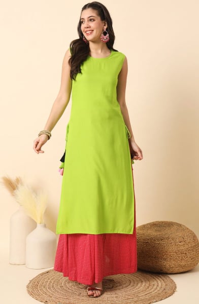 Neon Green Solid Rayon Kurti