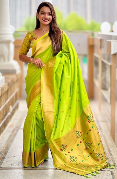 Neon Green Woven Paithani Silk Saree