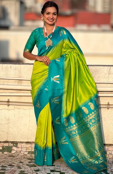 Neon Green Woven Soft Silk Saree