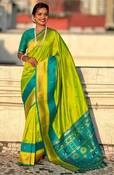 Neon Green Zari Woven Paithani Silk Saree
