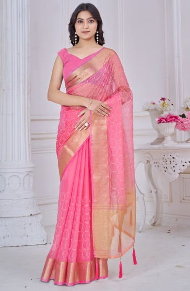 Neon Pink Beads Work Pure Jacquard Saree