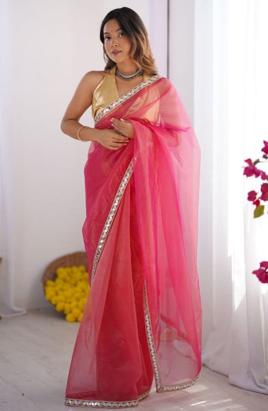 Neon Pink Embellished Twill Net Saree