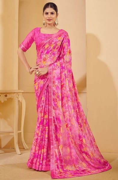 Neon Pink Printed Chiffon Casual Wear Saree