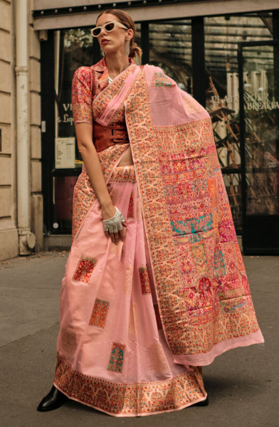Peach Kashmiri Handloom Woven Saree