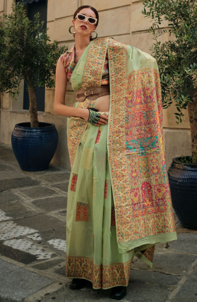 Pista Green Kashmiri Handloom Woven Saree