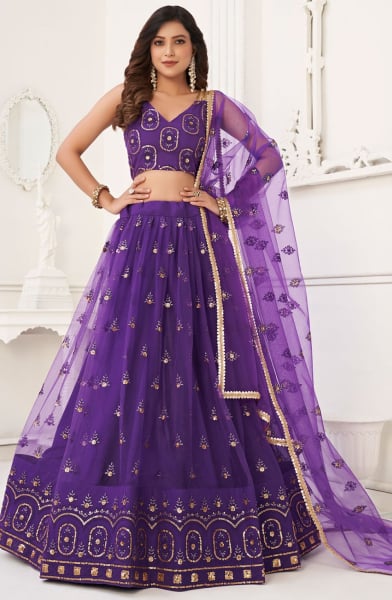 Purple Embroidered Net Lehenga Choli
