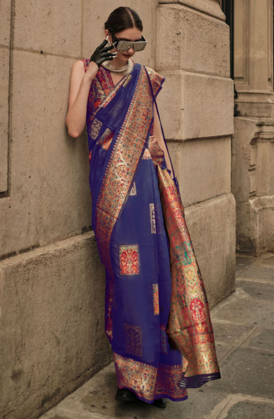 Royal Blue Kashmiri Handloom Woven Saree
