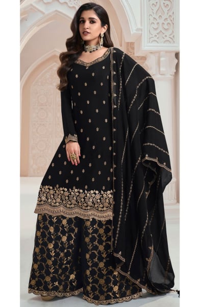 Nidhi Shah Black Embroidered Chinnon Palazzo Kameez