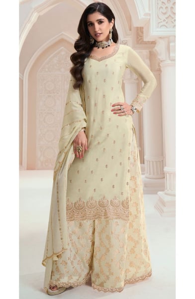 Nidhi Shah Cream Embroidered Chinnon Palazzo Kameez