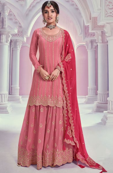 Nidhi Shah Embroidered Coral Pink Chinnon Palazzo Kameez