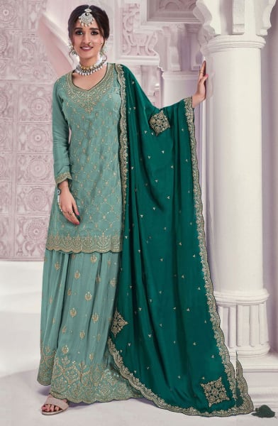 Nidhi Shah Embroidered Mint Grey Chinnon Palazzo Kameez