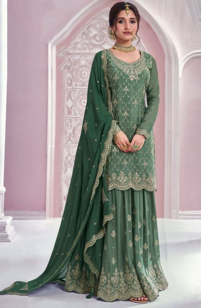 Nidhi Shah Embroidered Sage Green Chinnon Palazzo Kameez