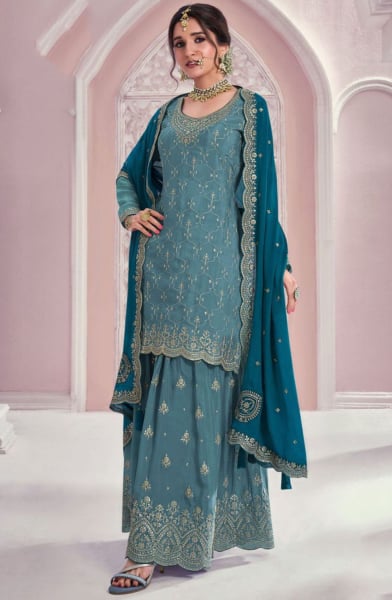 Nidhi Shah Embroidered Steel Grey Chinnon Palazzo Kameez