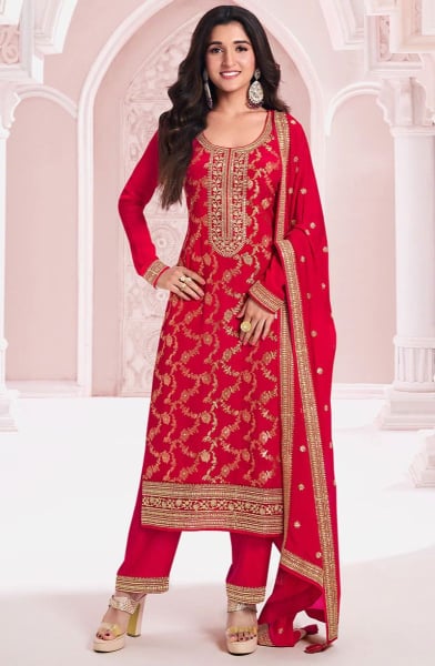 Nidhi Shah Hot Red Chinnon Jacquard Pant Kameez