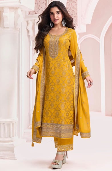Nidhi Shah Mustard Yellow Chinnon Jacquard Pant Kameez