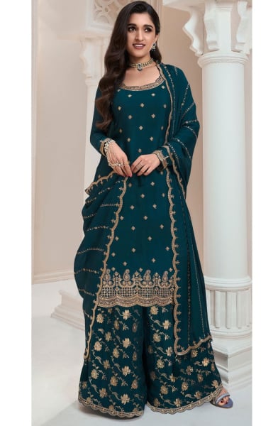 Nidhi Shah Peacock Blue Embroidered Chinnon Palazzo Kameez