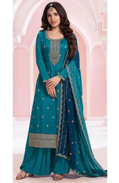 Nidhi Shah Peacock Blue Embroidered Silk Georgette Palazzo Suit