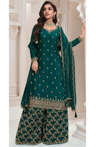 Nidhi Shah Peacock Green Embroidered Chinnon Palazzo Kameez