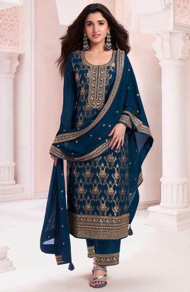Nidhi Shah Prussian Blue Chinnon Jacquard Pant Kameez