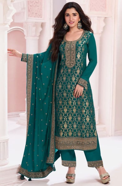 Nidhi Shah Rama Green Chinnon Jacquard Pant Kameez