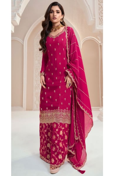 Nidhi Shah Rani Pink Embroidered Chinnon Palazzo Kameez