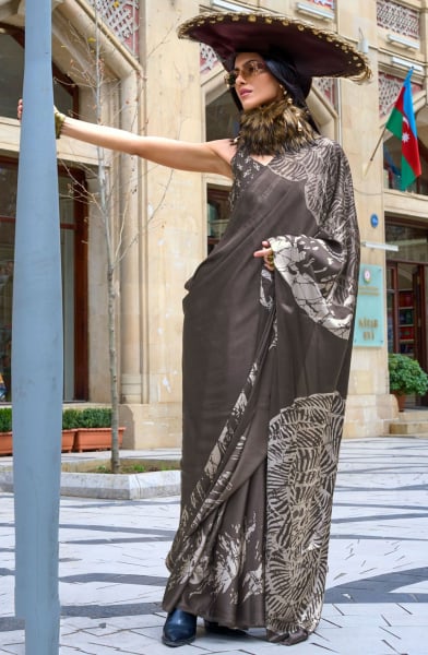 Oak Brown Digital Print Satin Crepe Saree