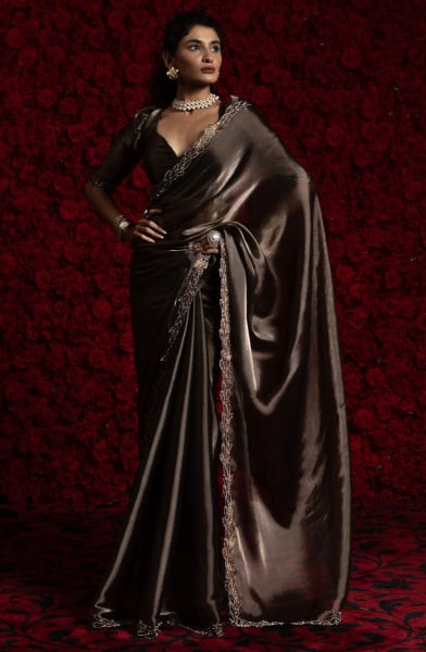 Oak Brown Embellished Tissue Chiffon Saree
