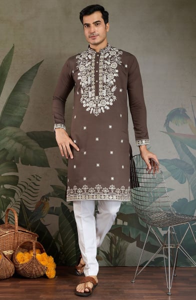Oak Brown Embroidered Viscose Silk Kurta Set