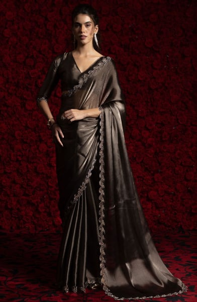 Oak Brown Handwork Tissue Chiffon Saree