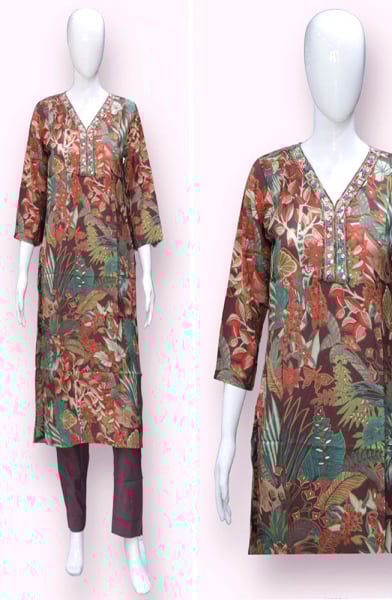 Oak Brown Printed Cotton Kurti with Pant