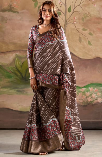 Oak Brown Printed Dola Silk Saree