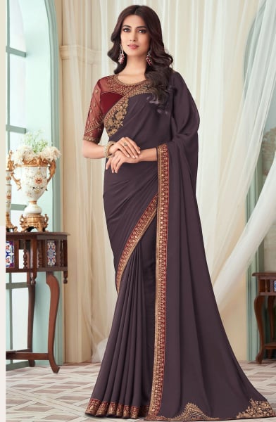 Oak Brown Silk Saree with Embroidered Blouse