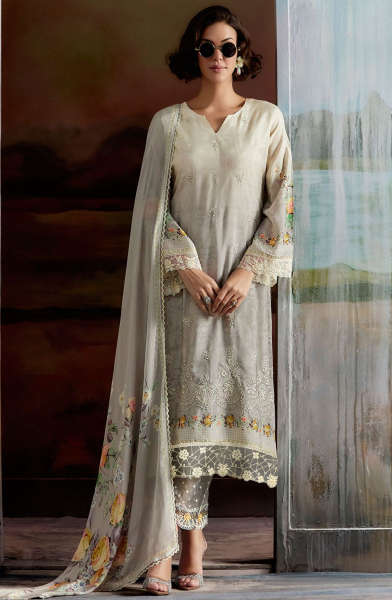 Off White and Ash Grey Embroidered Pure Muslin Readymade Pant Kameez