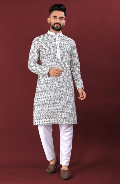 Off White and Black Embroidered Silk Kurta Set