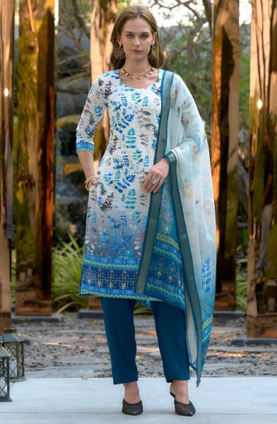 Off White and Blue Printed Cotton Readymade Pant Kameez