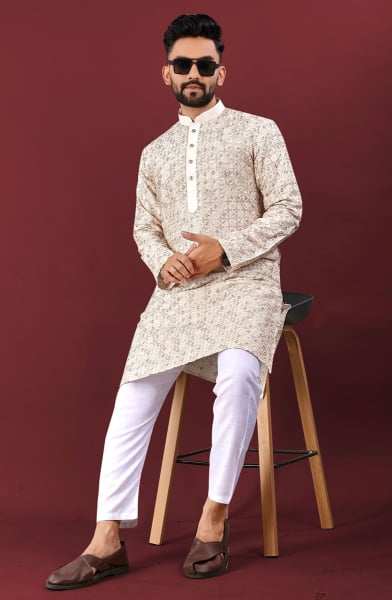 Off White and Golden Embroidered Silk Kurta Set