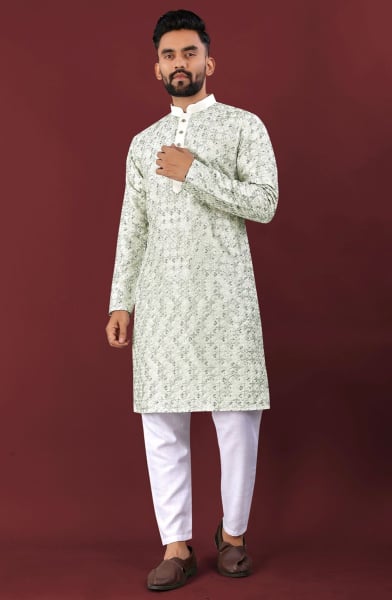 Off White and Green Embroidered Silk Kurta Set