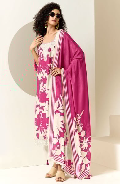 Off White and Magenta Pure Muslin Plus Size Pant Kameez