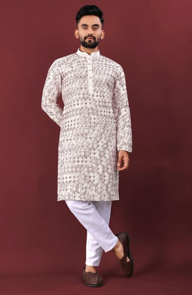 Off White and Maroon Embroidered Silk Kurta Set