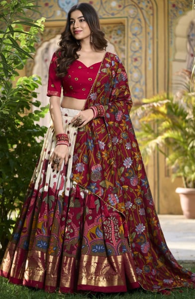 Off White and Maroon Kalamkari Print Tussar Silk Chaniya Choli