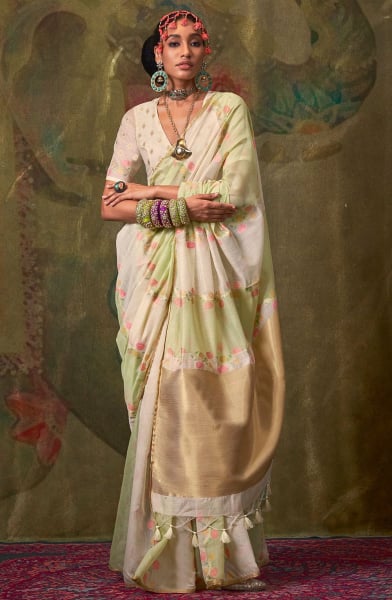 Off White and Pastel Green Pure Spun Rangkaat Weaving Saree