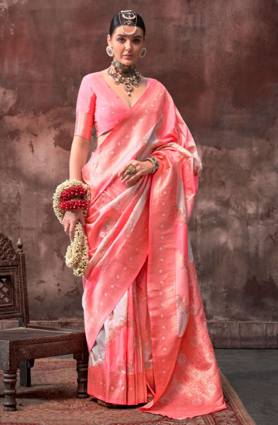 Off White and Pink Handloom Weaving Silk Saree