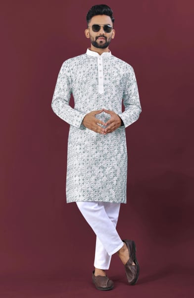 Off White and Teal Embroidered Silk Kurta Set