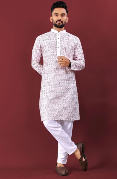 Off White and Wine Embroidered Silk Kurta Set